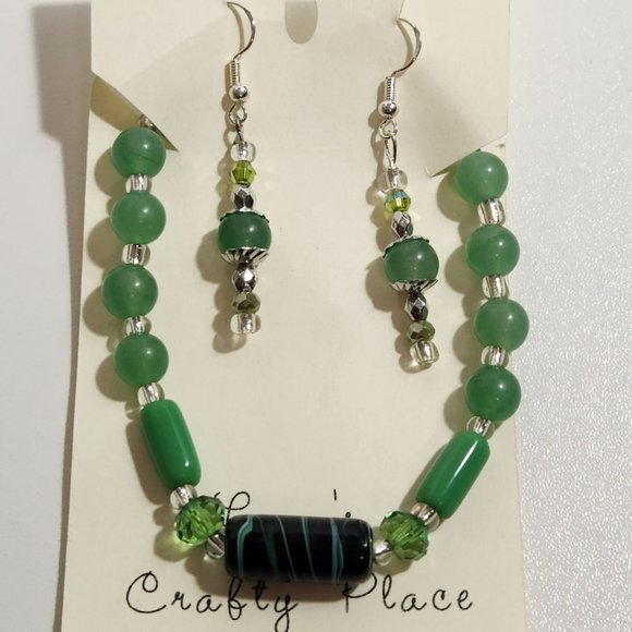 Green Jade Aventurine Silver Black Bracelet Earrings Set - Picture 2 of 7